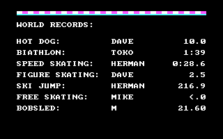 Winter Games (PC Booter) screenshot: World records.