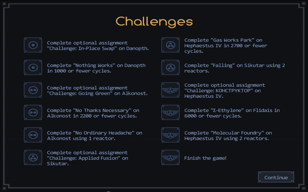 SpaceChem (Windows) screenshot: An overview of some of the optional challenges
