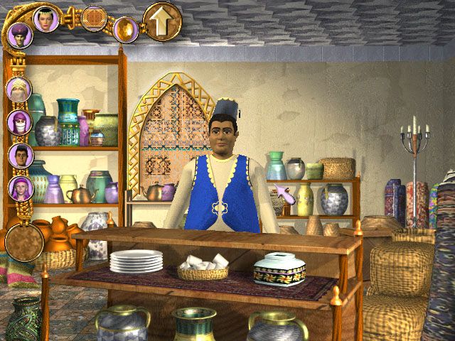 Barbie Magic Genie Bottle (Windows) screenshot: Talking with a shopkeeper; he explains what you can do to help him