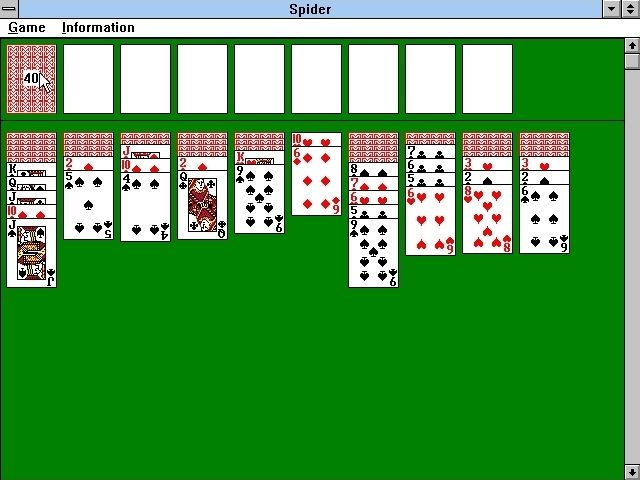 Solitaire King: Spider (Windows 3.x) screenshot: A game in progress, its not going well