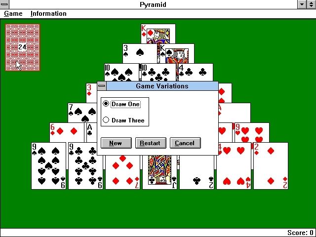 Solitaire King: Pyramid (Windows 3.x) screenshot: The game screen showing the game variations. The variations menu is accessed via the drop-down Game option in the menu bar