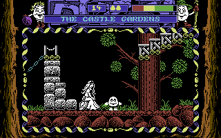Dizzy: Prince of the Yolkfolk (Commodore 64) screenshot: The princess in the castle gardens.