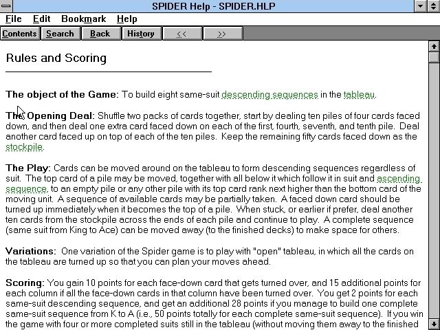 Solitaire King: Spider (Windows 3.x) screenshot: There's a help file that explains the game, it is accessed via the menu bar and opens in a new window