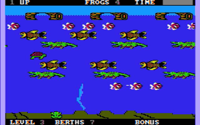 Frogger II: ThreeeDeep! (PC Booter) screenshot: When playing the game on the intermediate difficulty mode, seaweed from the reefs come out. (CGA w/Composite Monitor)