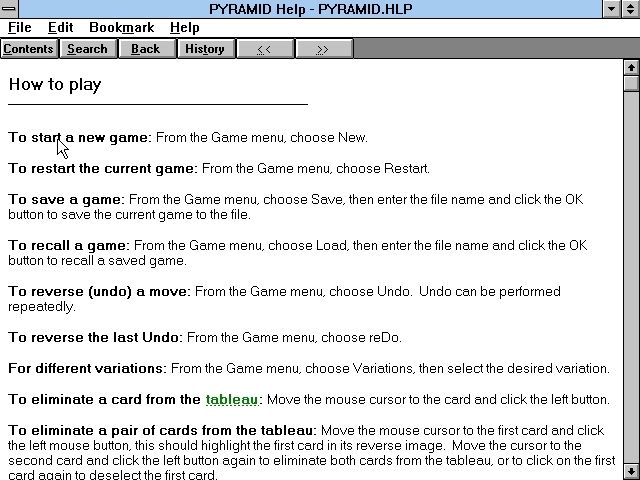 Solitaire King: Pyramid (Windows 3.x) screenshot: The help file is accessed via a drop down menu from the menu bar
