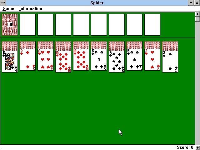 Solitaire King: Spider (Windows 3.x) screenshot: The start of a standard game. Five cards are dealt to each pile then a sixth is added to piles one, four, seven and ten