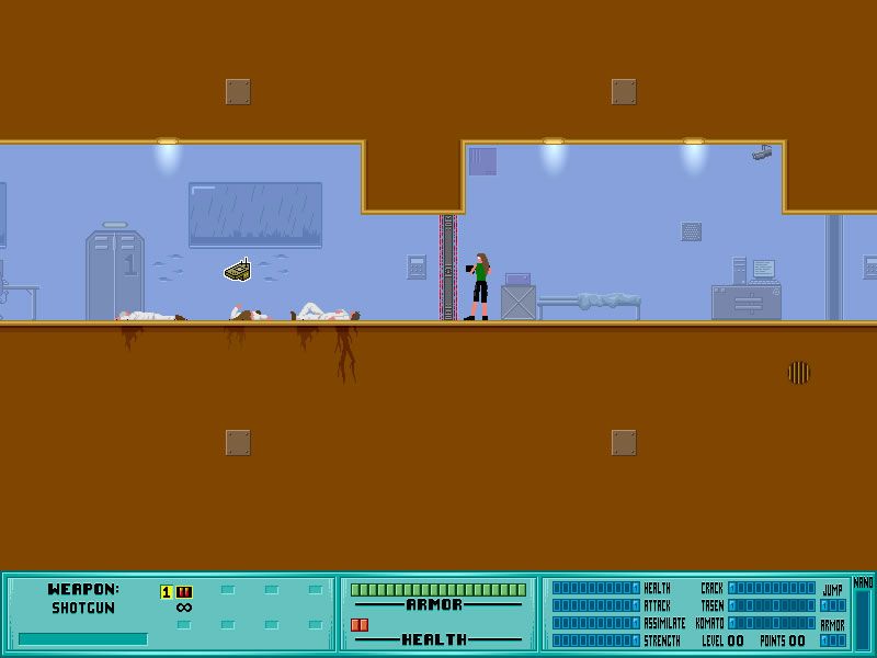 Iji (Windows) screenshot: Start of the first sector - the scientists that looked after you are now dead.