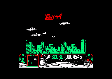 The Official Father Christmas (Amstrad CPC) screenshot: Deliver presents to America. Aim for the arrow.