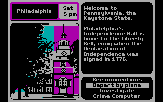 Where in the U.S.A. Is Carmen Sandiego? (DOS) screenshot: In the great state of Pennsylvania. The info box on the right shows some facts about the state that you are in. (CGA with RGB monitor)
