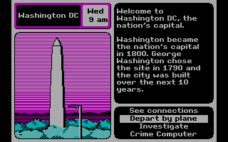 Where in the U.S.A. Is Carmen Sandiego? (DOS) screenshot: Trying to locate the criminal(s) in DC... (CGA with RGB monitor)