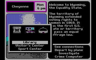 Where in the U.S.A. Is Carmen Sandiego? (DOS) screenshot: Choose where to go in town to ask for clues. (CGA with RGB monitor)