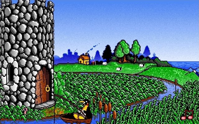 Fun School: Maths (DOS) screenshot: A typical English castle scene with penguins fishing in the moat. Shortly the Viking ship will dock on the right ans they'll start sealing sheep
