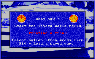 Toyota Celica GT Rally (Amiga) screenshot: One of the game menus