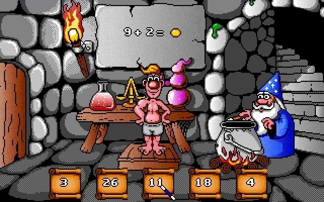 Fun School: Maths (DOS) screenshot: Perfect Potions: As the player answers the questions Merlin is able to cast spells to make the lad stronger. So far he's done the legs and one arm