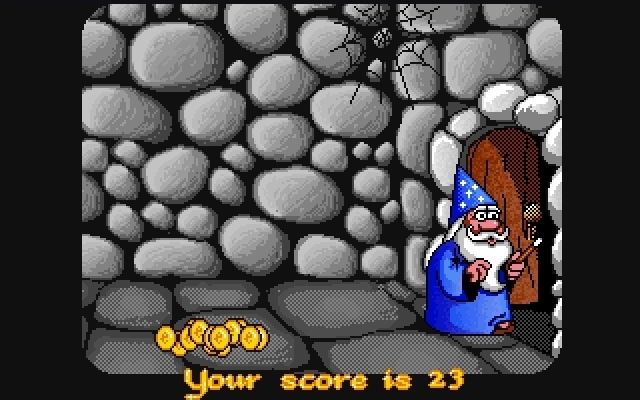 Fun School: Maths (DOS) screenshot: When the player exits a game they are shown their score and Merlin comes out of the castle to pay them. There's also a castle door marked 'Tally' where the player can check their score