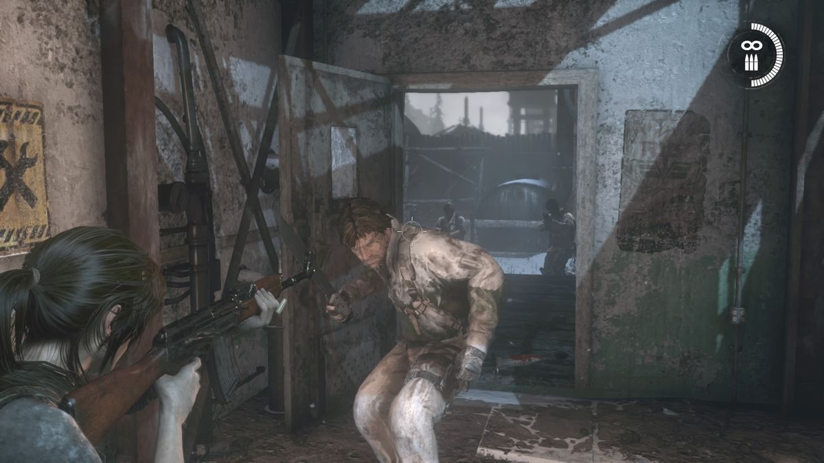 Rise of the Tomb Raider: 20 Year Celebration (PlayStation 4) screenshot: Rise of the Tomb Raider - A machete is no match for AK-47
