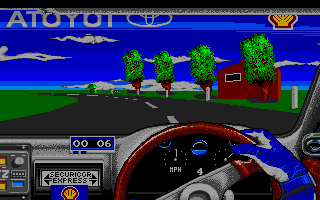 Toyota Celica GT Rally (Amiga) screenshot: Driving through the countryside...
