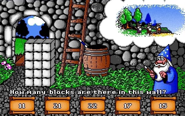 Fun School: Maths (DOS) screenshot: Broken Battlements: With each question the Vikings get closer