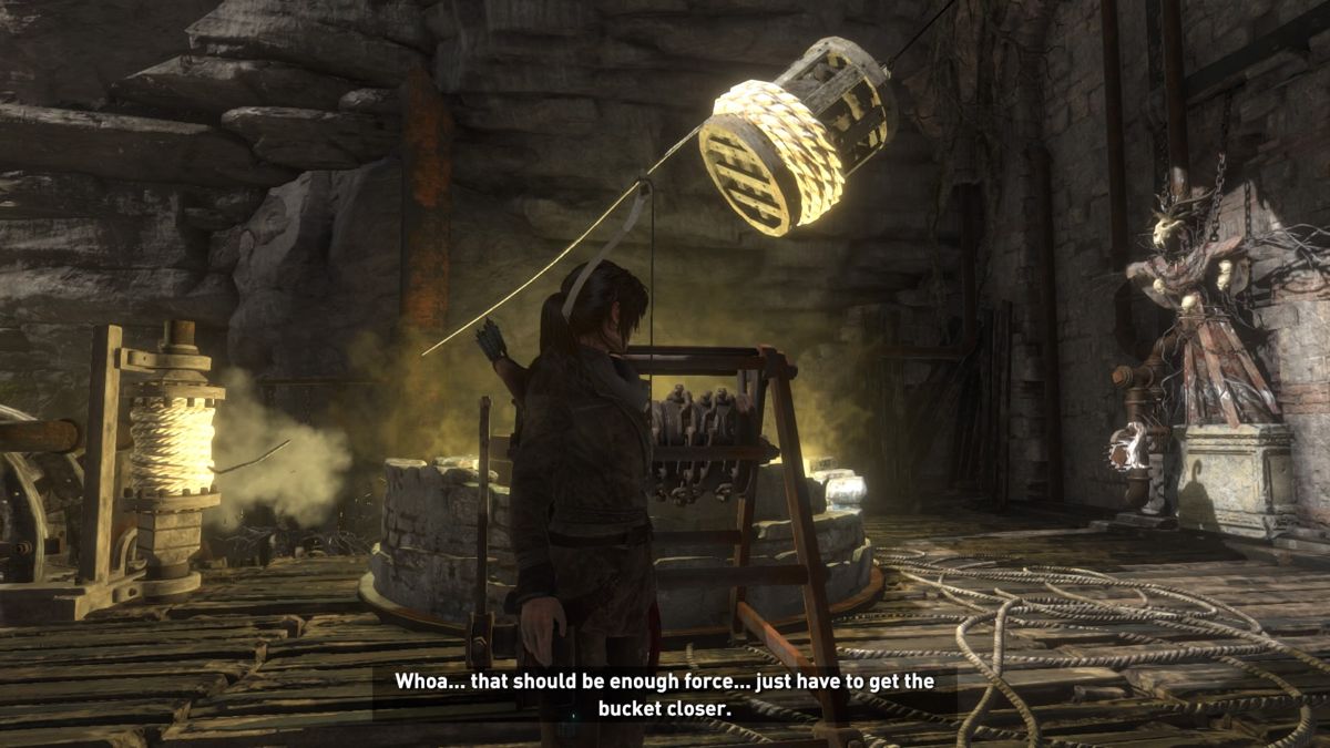 Rise of the Tomb Raider: 20 Year Celebration (PlayStation 4) screenshot: Baba Yaga: The Temple of the Witch - Utilizing a strange contraption to breach through the door