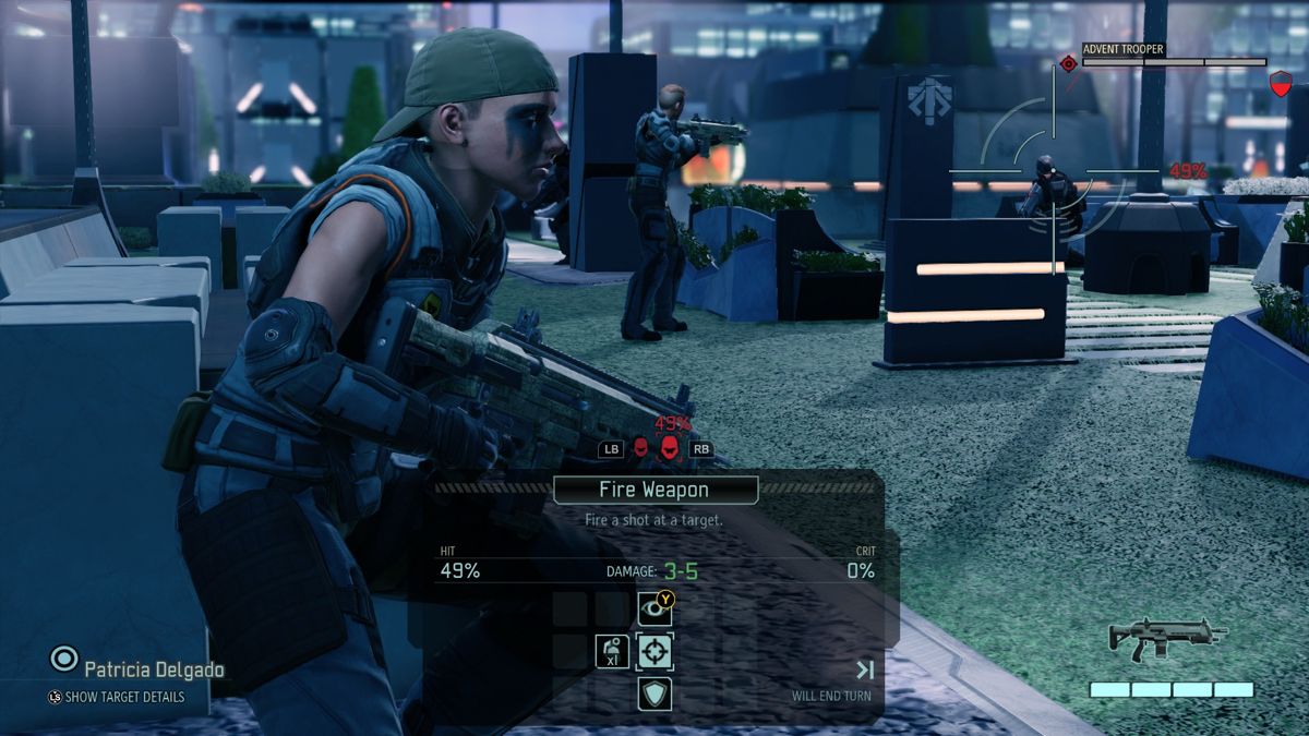 XCOM 2: Resistance Warrior Pack (Xbox One) screenshot: Patricia Delgado is using Black Eye face paint in one of regular story missions