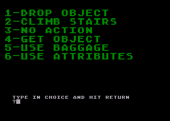 The Haunted Palace (Atari 8-bit) screenshot: Commands