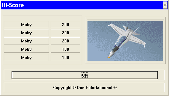 F-18: No Fly Zone (Windows 3.x) screenshot: At least the game has players with taste on its high score table. This is all the entries that the table supports,