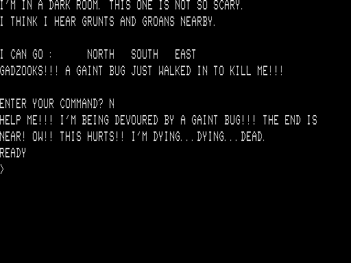 Journey to the Center of the Earth Adventure (TRS-80) screenshot: Eaten by a "Gaint" Bug. This Happens a Lot.