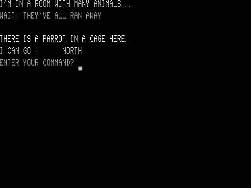 Journey to the Center of the Earth Adventure (TRS-80) screenshot: A Parrot in a Cage