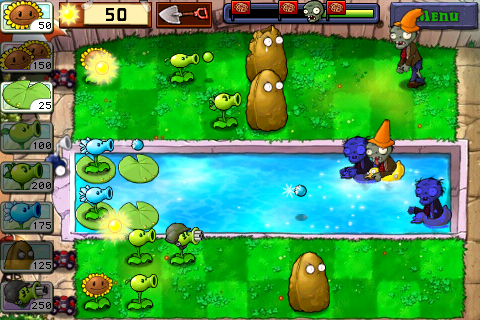 Plants vs. Zombies (iPhone) screenshot: Defending the backyard pool