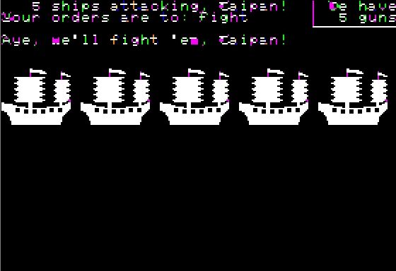 Taipan (Apple II) screenshot: Under attack from a small fleet