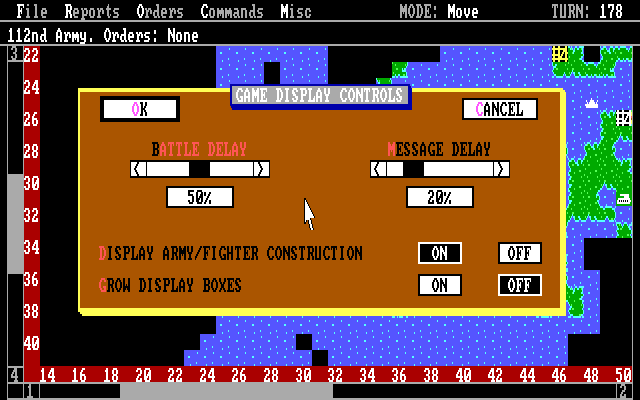 Empire: Wargame of the Century (DOS) screenshot: Game display controls.