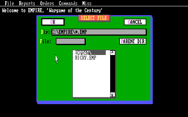 Empire: Wargame of the Century (DOS) screenshot: Load a saved game.