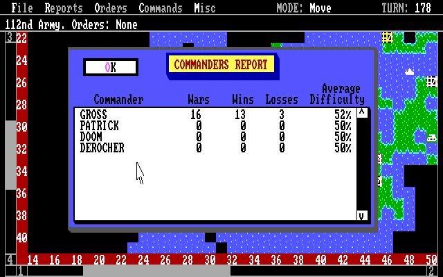 Empire: Wargame of the Century (DOS) screenshot: Commander report.