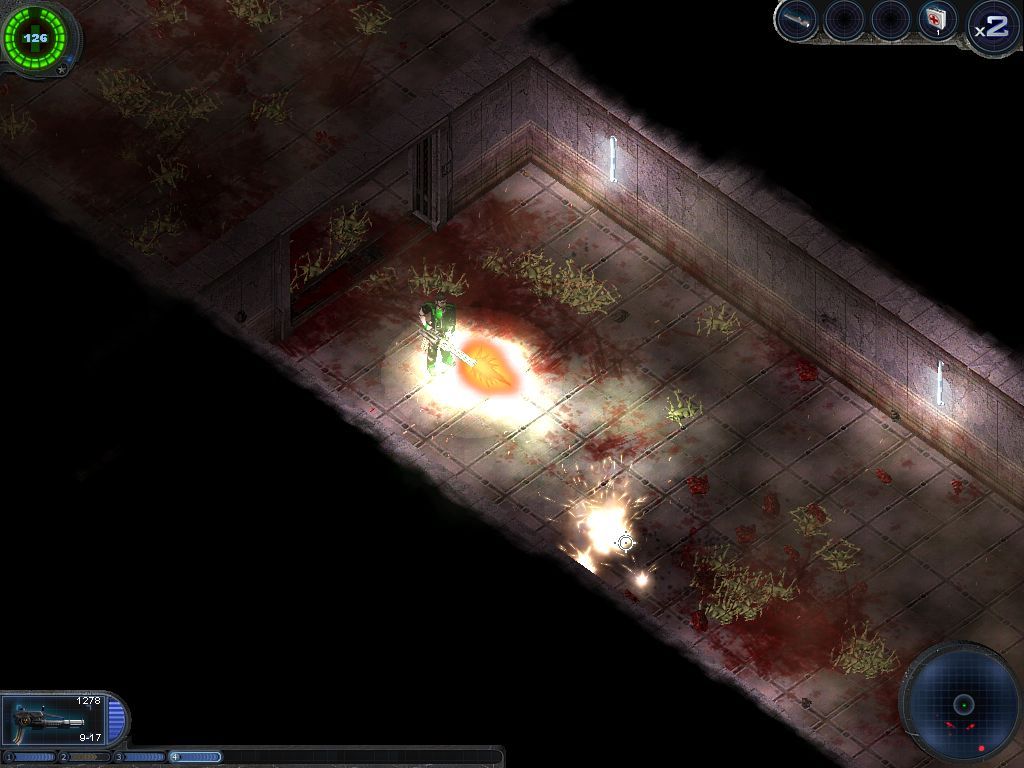 Alien Shooter: Revisited (Windows) screenshot: Enemies approaching...wow I can use that gun also as flashlight.