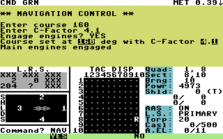 Star Fleet I: The War Begins! (Commodore 64) screenshot: Nav control.