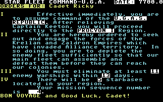 Star Fleet I: The War Begins! (Commodore 64) screenshot: Mission Briefing.