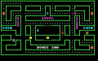 Chomps (DOS) screenshot: After eating a power dot the player can chase the monsters (CGA 40-column text mode)