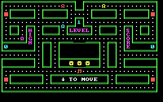 Chomps (DOS) screenshot: Starting maze #1 (CGA 40-column text mode)