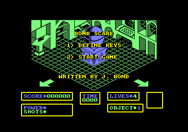 Bomb Scare (Amstrad CPC) screenshot: Title screen and main menu