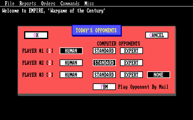 Empire: Wargame of the Century (DOS) screenshot: Game Setup screen. Choose your opponents.