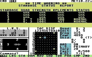 Star Fleet I: The War Begins! (Commodore 64) screenshot: Starbase status report.
