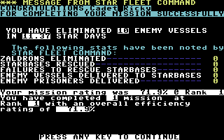 Star Fleet I: The War Begins! (Commodore 64) screenshot: Completed a mission.