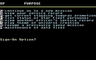 Star Fleet I: The War Begins! (Commodore 64) screenshot: Signing in options.