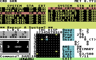 Star Fleet I: The War Begins! (Commodore 64) screenshot: Damage report.