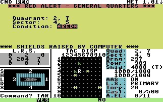 Star Fleet I: The War Begins! (Commodore 64) screenshot: Red Alert! Krellen ships are in this sector!