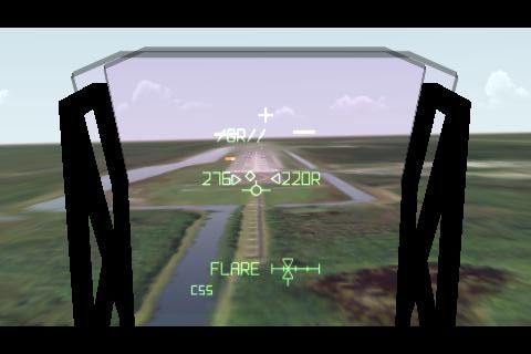 F-SIM Space Shuttle (iPhone) screenshot: Landing replay - cockpit pre-flare at 220 ft and gear down