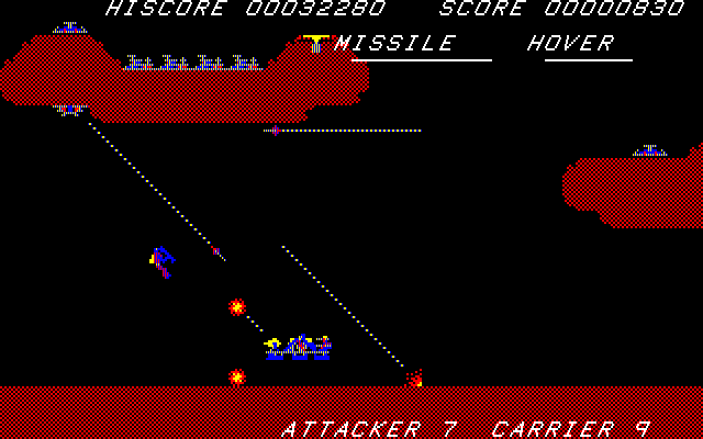 Hover Attack (PC-88) screenshot: The base is under attack