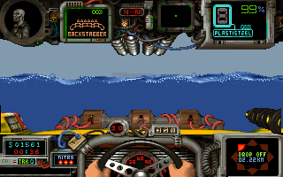 Quarantine (DOS) screenshot: It wasn't a bridge, it was a <i>pier!</i> (yes, you can drown in this game)