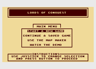 Lords of Conquest (Atari 8-bit) screenshot: Main Menu