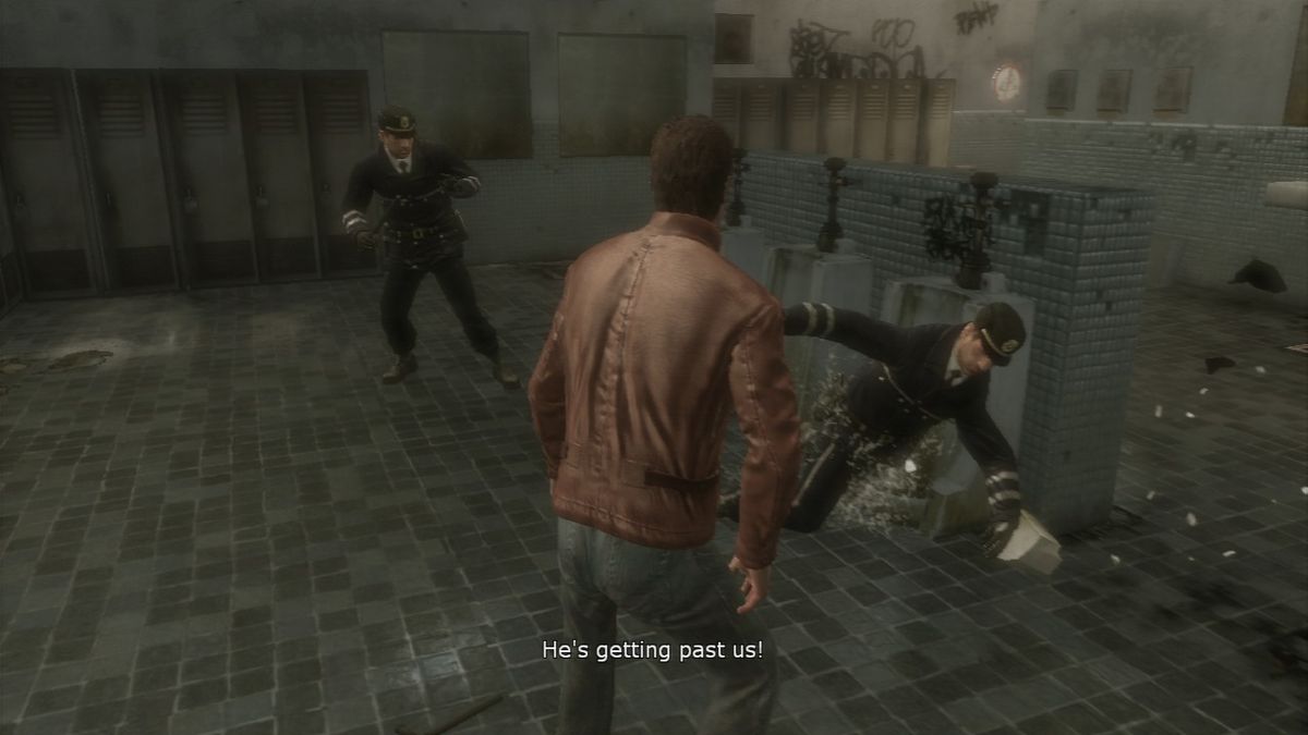 Robert Ludlum's The Bourne Conspiracy (PlayStation 3) screenshot: Fighting the police in the restroom